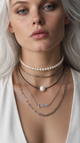 Floating Pearl / 14K White Gold Plated Chain Clasp Freshwatter Large Natural Pearl Genuine Black Leather