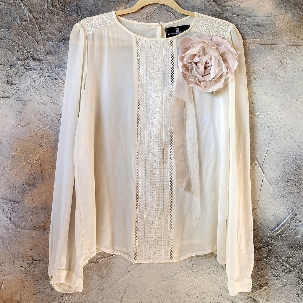Quiet Drama / Bohemian Blouse Ivory Textured Lace Avant-garde Organic Drape Large Sculptural Rose Silk Fabric Flower