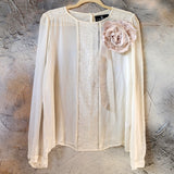 Quiet Drama / Bohemian Blouse Ivory Textured Lace Avant-garde Organic Drape Large Sculptural Rose Silk Fabric Flower