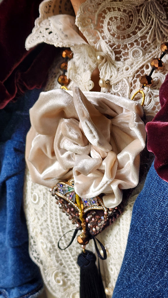 Camellia / Victorian Jabot Black Tassel Vintage Rose Velvet White Camellia Necktie Shabby Chic Cottage Botanical