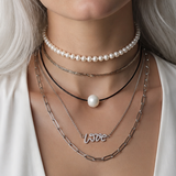 Floating Pearl / 14K White Gold Plated Chain Clasp Freshwatter Large Natural Pearl Genuine Black Leather