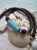 Tiki Bar / Large Surf Choker Natural Blue Stone Bronze Feather Unique Beaded Necklace for Men