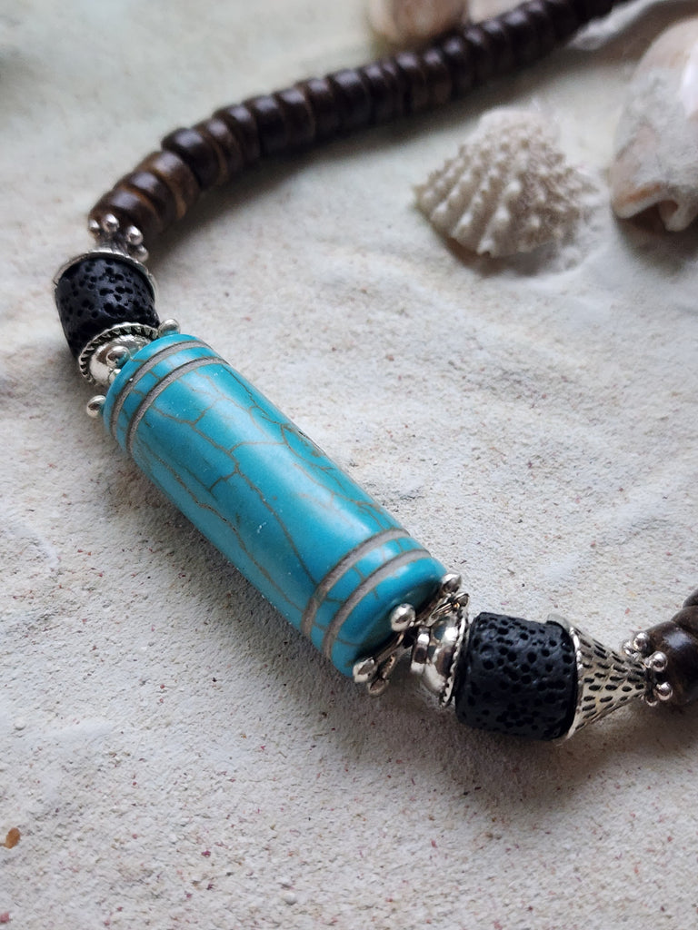 Tiki Bar / Large Surf Choker Natural Blue Stone Bronze Feather Unique Beaded Necklace for Men