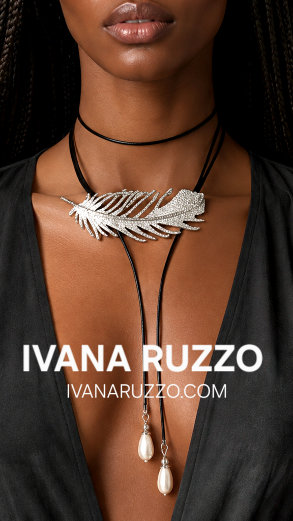 Patricia Night / 14K Gold plated Designer Couture Statement Necklace Feather Choker Topaz Pave Genuine Leather Pearl Lariat