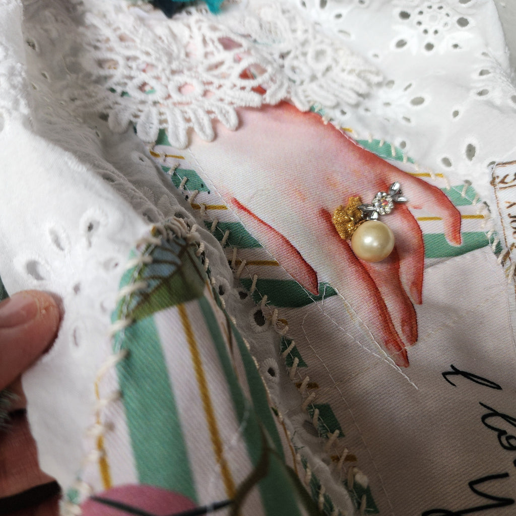 Cupid LOVE LETTERS / Collar Jabot Tie Upcycled Lace Pearl Crystal  Boho Vintage Bow Cottage Rose Edwardian Pink Magnolia Flower Pin