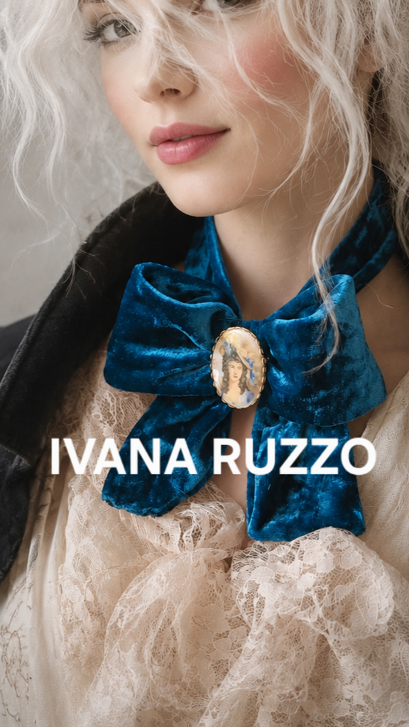 Edwardiana / Victorian Jabot Bow Tie Ocean Blue Velvet Choker Vintage Medallion Brooch Millennially Streetwear