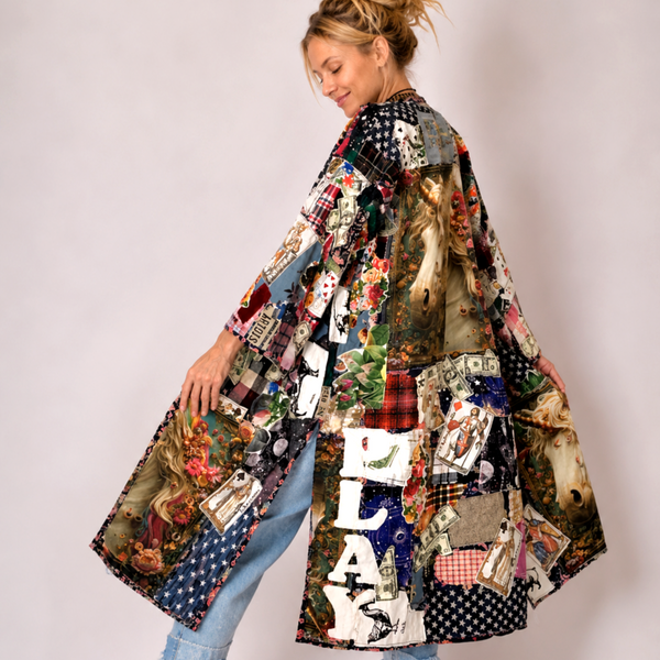 PLAY GIRL / Designer Upcycled Kimono Duster long Coat Artisan Cottage Rose Unicorn Appliqué Avant-garde Street-wear