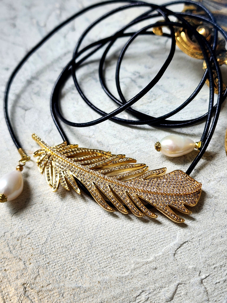 Patricia Night / 14K Gold plated Designer Couture Statement Necklace Feather Choker Topaz Pave Genuine Leather Pearl Lariat