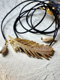 Patricia Night / 14K Gold plated Designer Couture Statement Necklace Feather Choker Topaz Pave Genuine Leather Pearl Lariat