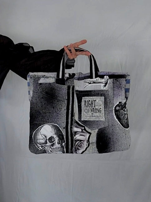 FOLL OF IT / Designer Handbag Distressed Black Denim Scull Appliqué Logo Eye Patch Appliqué Avant-garde Street-wear