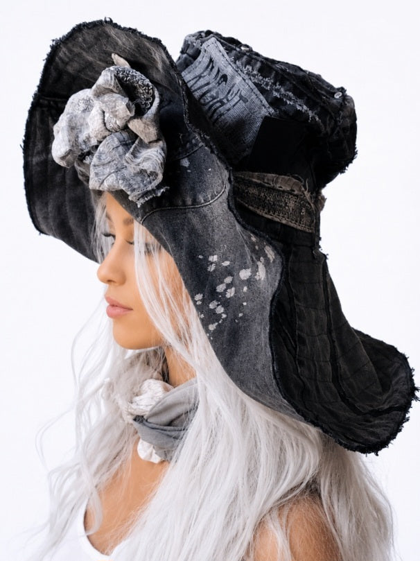 SPIRIT OF VENICE / Designer Top Hat Shabby Chic Hat Upcycled Distressed Denim Bohemian Avant-garde Hat Hand Stitched Top Hat Patchwork