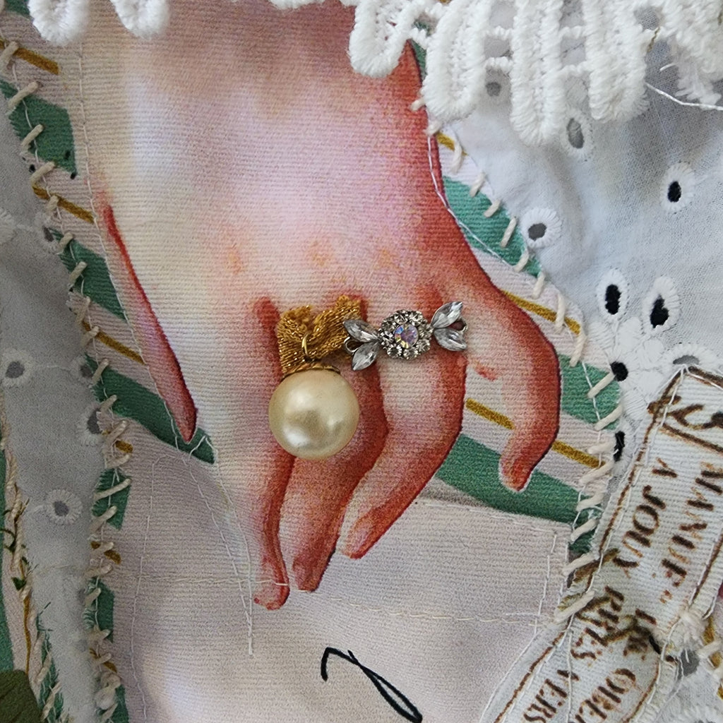 Cupid LOVE LETTERS / Collar Jabot Tie Upcycled Lace Pearl Crystal  Boho Vintage Bow Cottage Rose Edwardian Pink Magnolia Flower Pin