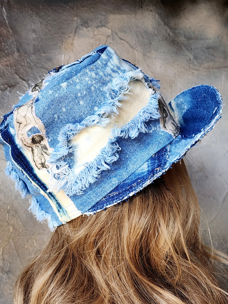 L'AZUR DE GURSON / Avant-Garde Top Hat Sculptured Designer French Garçon Cap Upcycled Blue Denim Raw Cut Patched