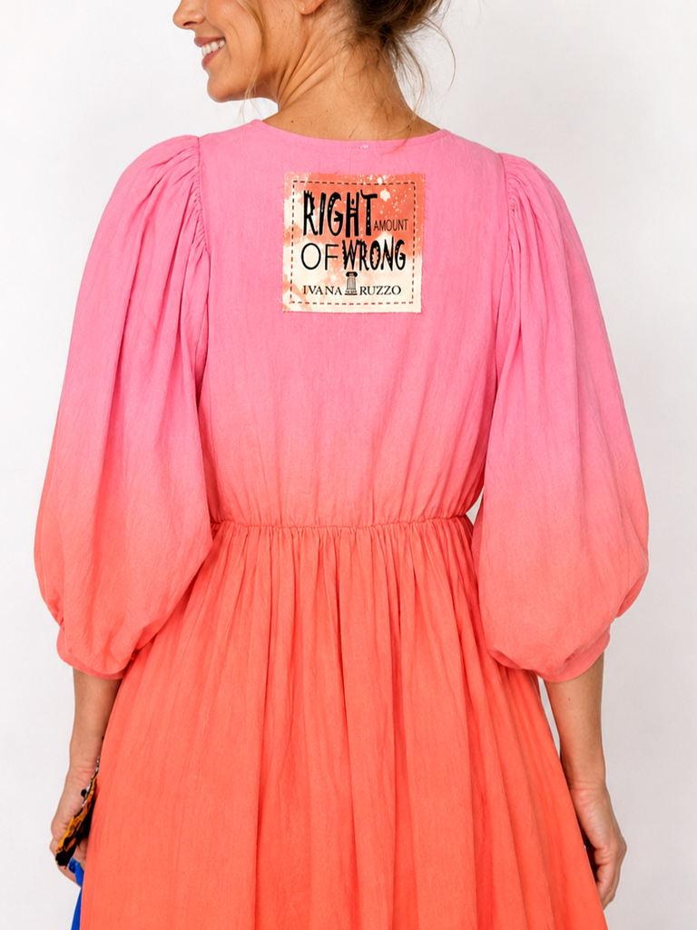 Ombré Tangerine Halyna / Designer Dress Upcycled Ombré Pink Tangerine Shabby Chic Cottage Butterfly JabotPatched Logo Monogram