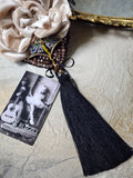Camellia / Victorian Jabot Black Tassel Vintage Rose Velvet White Camellia Necktie Shabby Chic Cottage Botanical