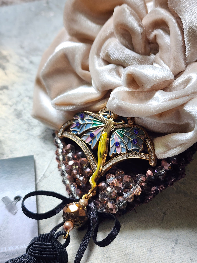 Camellia / Victorian Jabot Black Tassel Vintage Rose Velvet White Camellia Necktie Shabby Chic Cottage Botanical