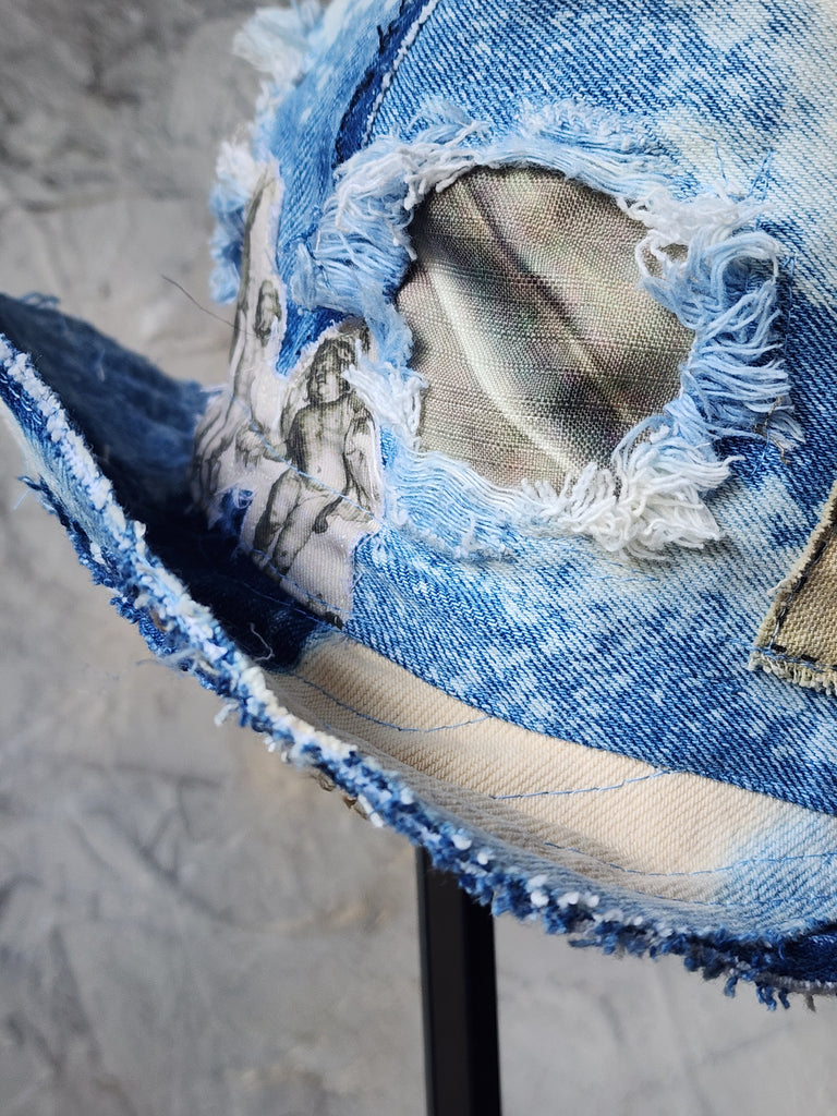 L'AZUR DE GURSON / Avant-Garde Top Hat Sculptured Designer French Garçon Cap Upcycled Blue Denim Raw Cut Patched