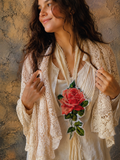 Sweet Mademoiselle / Cottage Bowtie Large English Rose Jabot Vintage Lace Linen Romantic Botanical Victorian Rose Tie