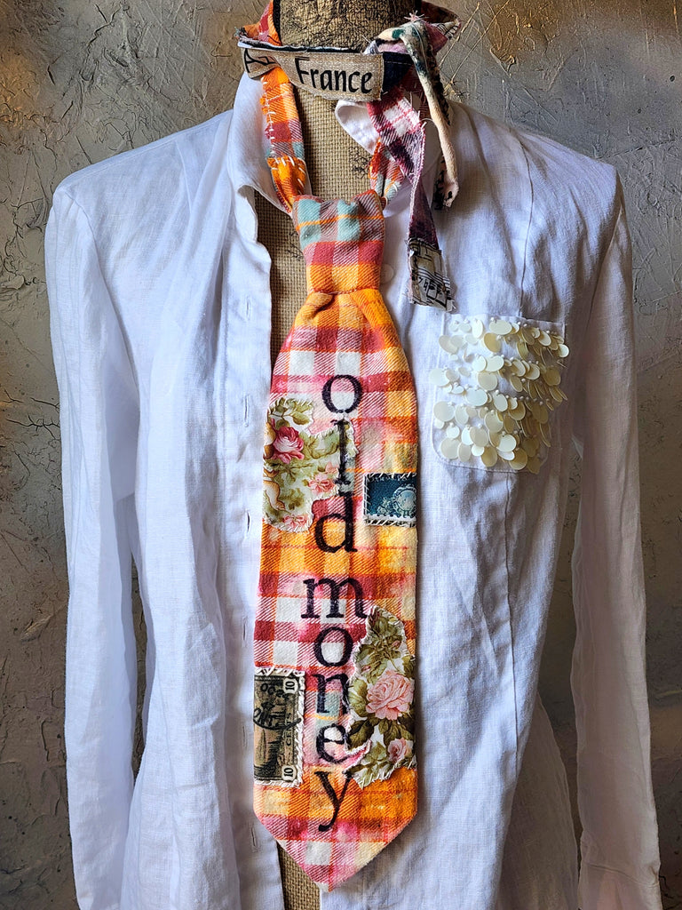OLD MONEY CRAVAT / Shabby Chic Tie Jabot Bohemian Upcycled Plaid Boho Necklace Upcycled Cottage Patched Artisan Bowtie