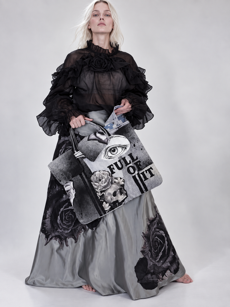 FOLL OF IT / Designer Handbag Distressed Black Denim Scull Appliqué Logo Eye Patch Appliqué Avant-garde Street-wear