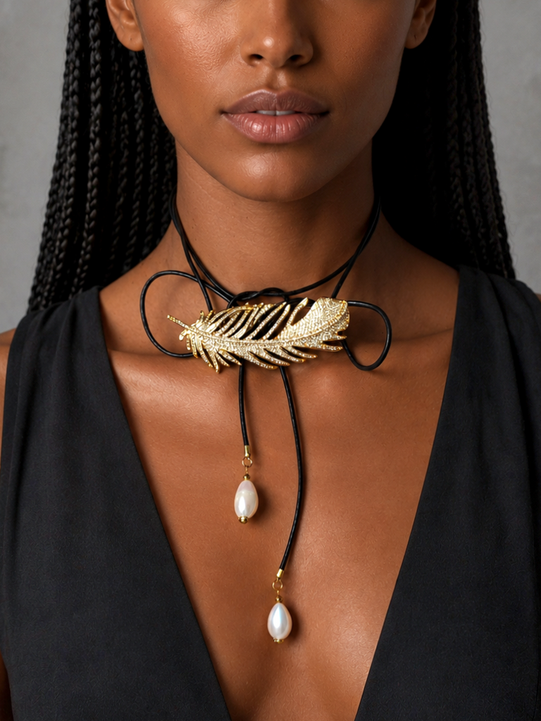 Patricia Night / 14K Gold plated Designer Couture Statement Necklace Feather Choker Topaz Pave Genuine Leather Pearl Lariat