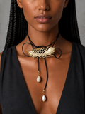Patricia Night / 14K Gold plated Designer Couture Statement Necklace Feather Choker Topaz Pave Genuine Leather Pearl Lariat
