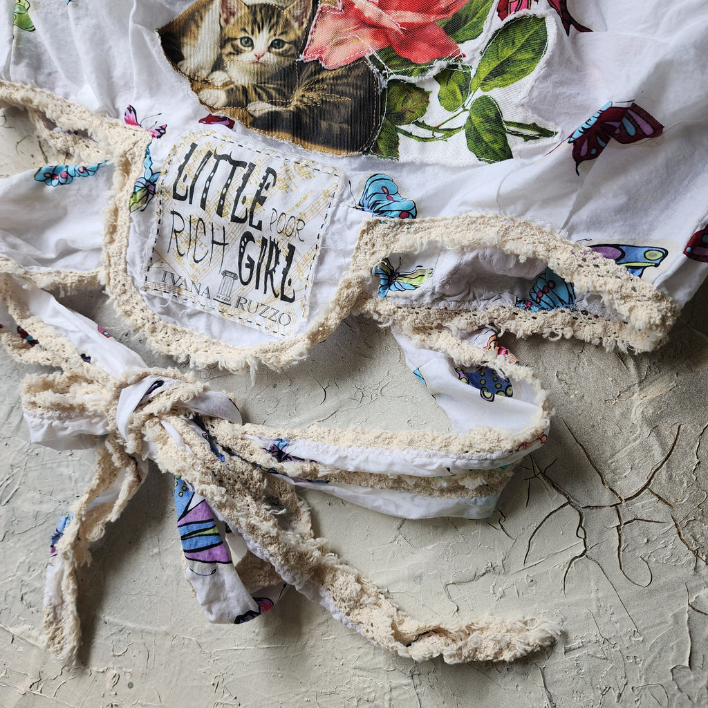 Morning Garden / Designer Victorian Top Ruffle European Cotton Cat Rose Hand Patched Distressing Patchwork Floral Top