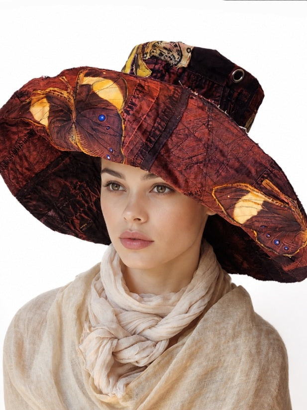 Melanitis Leda / Designer Top Hat Upcycled Raw Wide-Brim Butterfly Patched Artisan Hat Avant-Garde Sculptural Hat