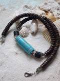Tiki Bar / Large Surf Choker Natural Blue Stone Bronze Feather Unique Beaded Necklace for Men