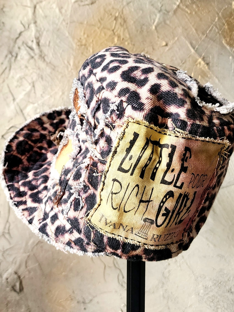 OP-La GURSON / Avant-Garde Top Hat Sculptured Designer French Garçon Cap Upcycled Leopard Raw Cut Patched