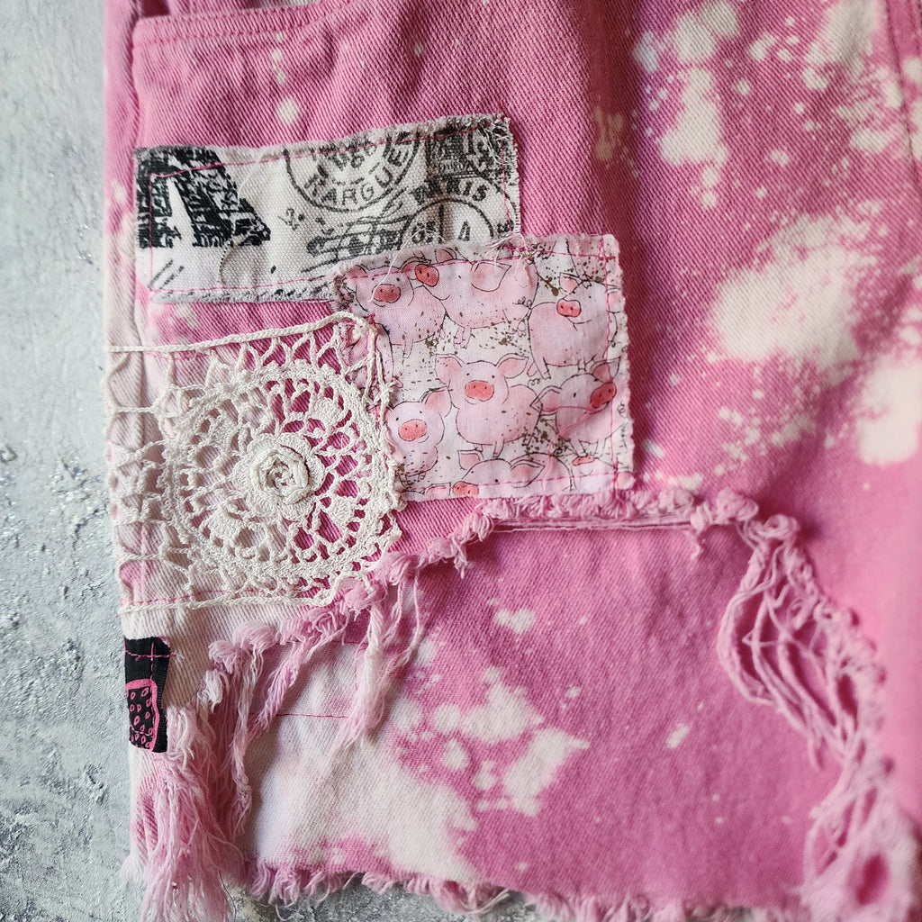 DOGS AND HEARTS / Designer Hot Pink Denim Jumpsuit Romper Unique Concept Wear Avangard Fashion Shabby Chic