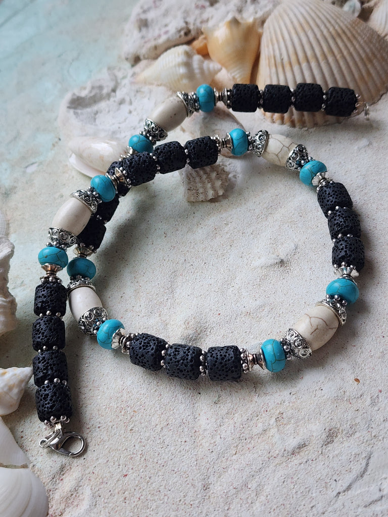 On The Wave / Large Surf Choker Natural Blue Stone Chrome Lava Unique Beaded Necklace for Men