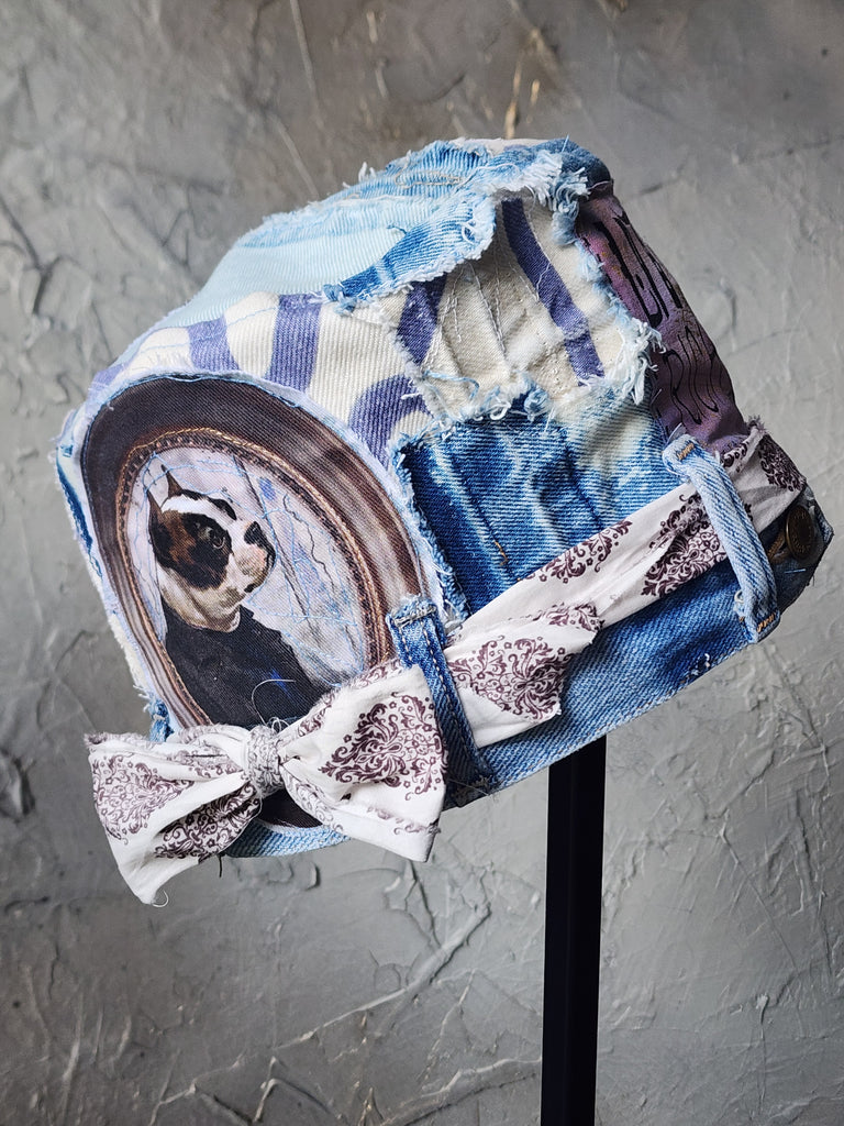 British Lord / Designer Top Hat Upcycled Raw Patch Dog Cameo Gold Frame Artisan Hat Artisan Hat Avant-Garde Sculptural Hat