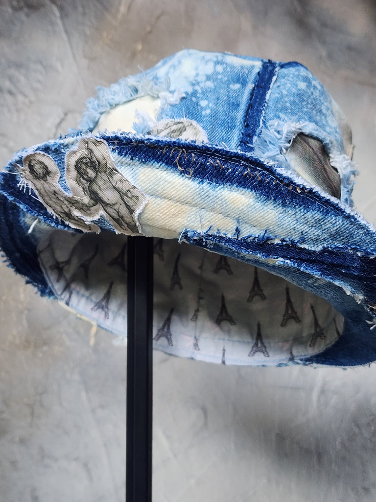L'AZUR DE GURSON / Avant-Garde Top Hat Sculptured Designer French Garçon Cap Upcycled Blue Denim Raw Cut Patched
