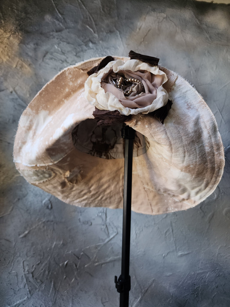 Comtesse La Fleur / Designer Top Hat Upcycled Raw Wide-Brim Rose Pin Pearl Embellishment Patched Artisan Hat