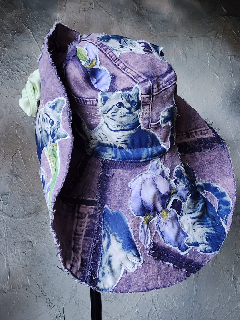Alpine Blue / Designer Top Hat Shabby Chic Hat Upcycled Distressed Denim Bohemian Sculptural Hat Handstitched Cat Appliqué Patchwork