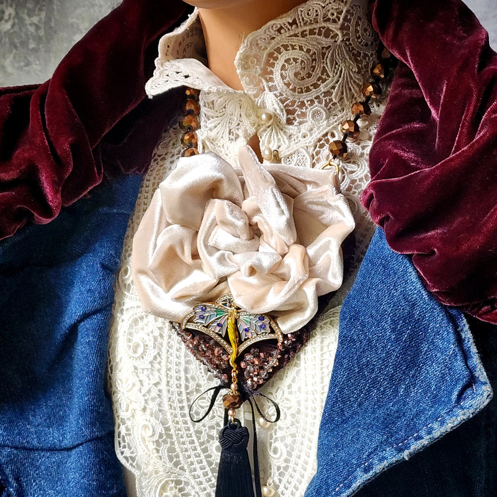 Camellia / Victorian Jabot Black Tassel Vintage Rose Velvet White Camellia Necktie Shabby Chic Cottage Botanical