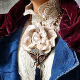 Camellia / Victorian Jabot Black Tassel Vintage Rose Velvet White Camellia Necktie Shabby Chic Cottage Botanical