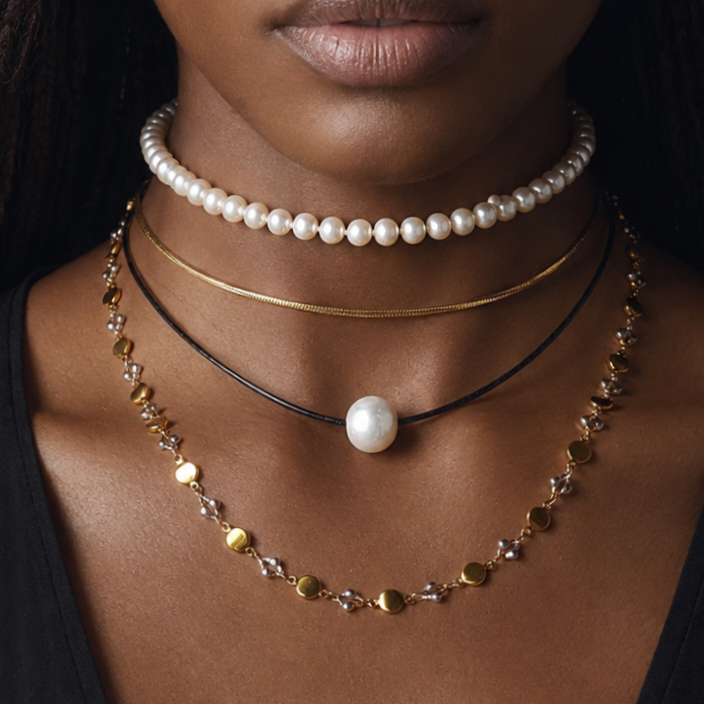 Floating Pearl / 14K Yellow Gold Plated Chain Clasp Freshwatter Large Natural Pearl Genuine Black Leather