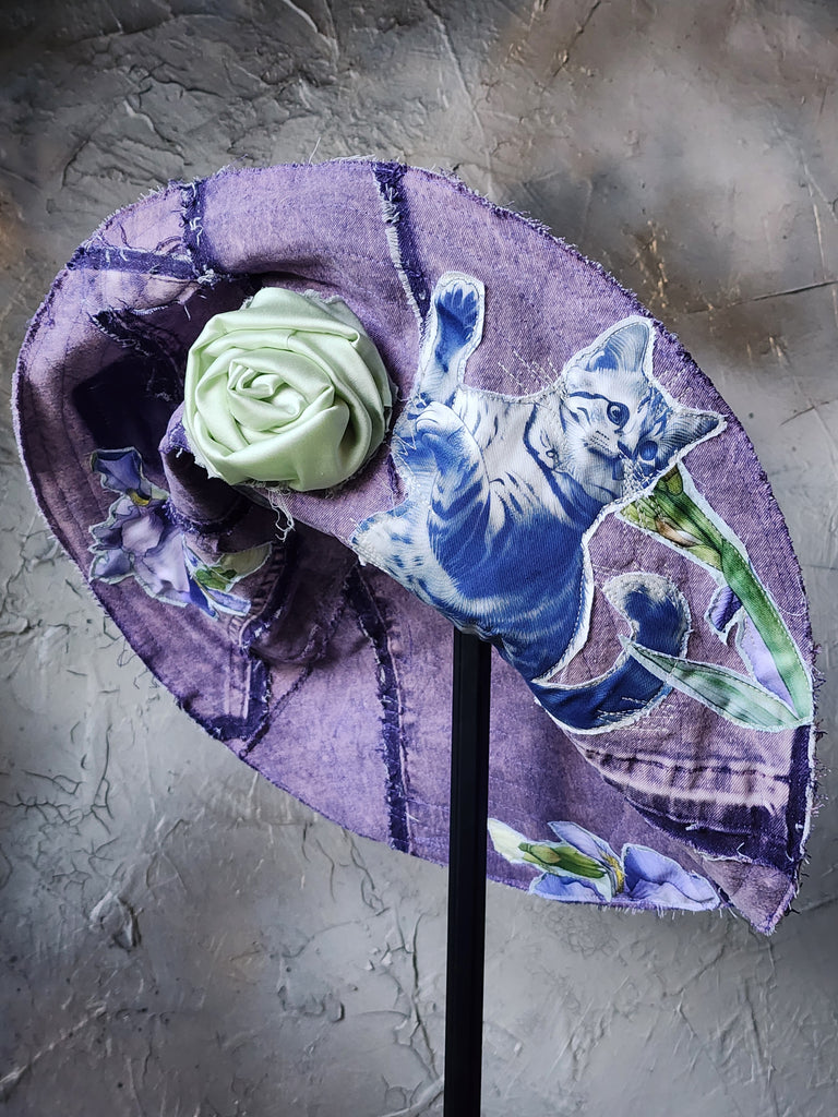 Alpine Blue / Designer Top Hat Shabby Chic Hat Upcycled Distressed Denim Bohemian Sculptural Hat Handstitched Cat Appliqué Patchwork