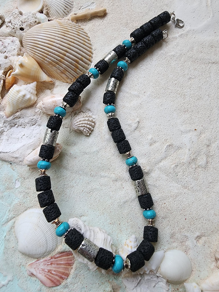 SURF / Large Surf Choker Natural Blue Stone Chrome Lava Unique Beaded Necklace for Men