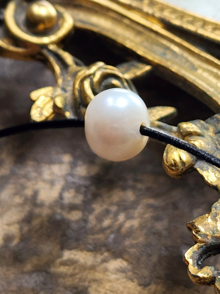 Floating Pearl / 14K Yellow Gold Plated Chain Clasp Freshwatter Large Natural Pearl Genuine Black Leather
