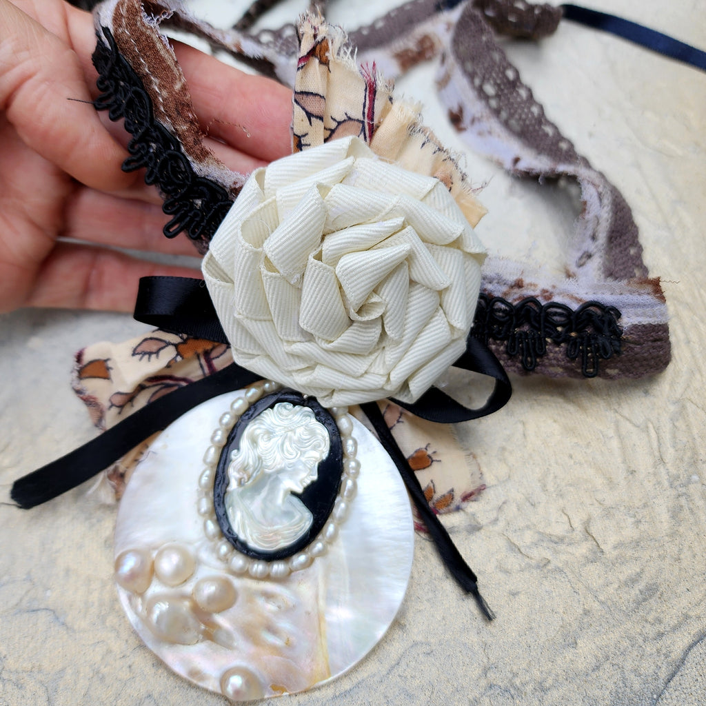 De Piano / Deigner Necklace Shabby Chic Jabot Large Rose Magnolia Black Bow tie Handcrafted Large Cameo Necklace