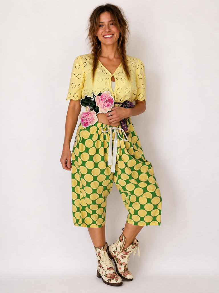 Cloudless Lemon / Bloomers Victorian Pants Shabby Chic Aplique Lemon Floral Print Patchwork Romantic Chic Patched Avant-garde