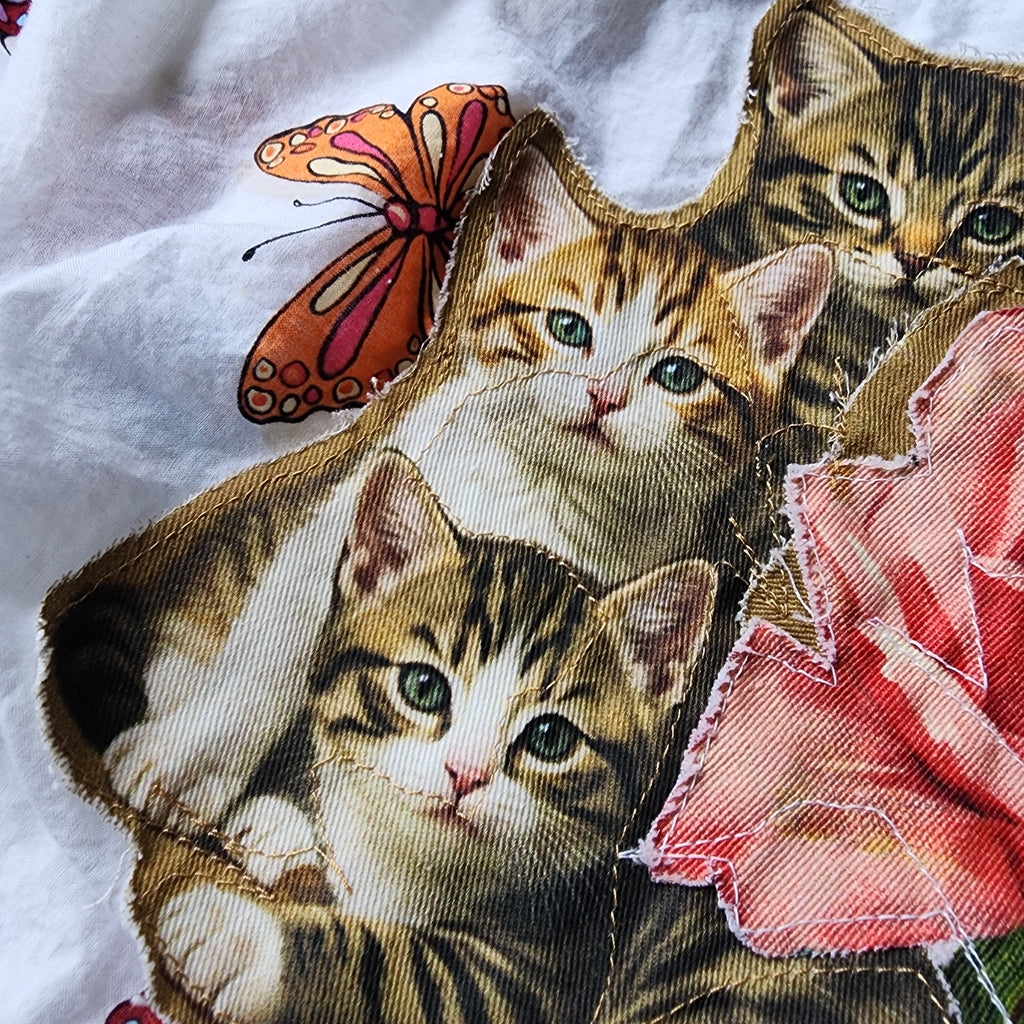 Morning Garden / Designer Victorian Top Ruffle European Cotton Cat Rose Hand Patched Distressing Patchwork Floral Top