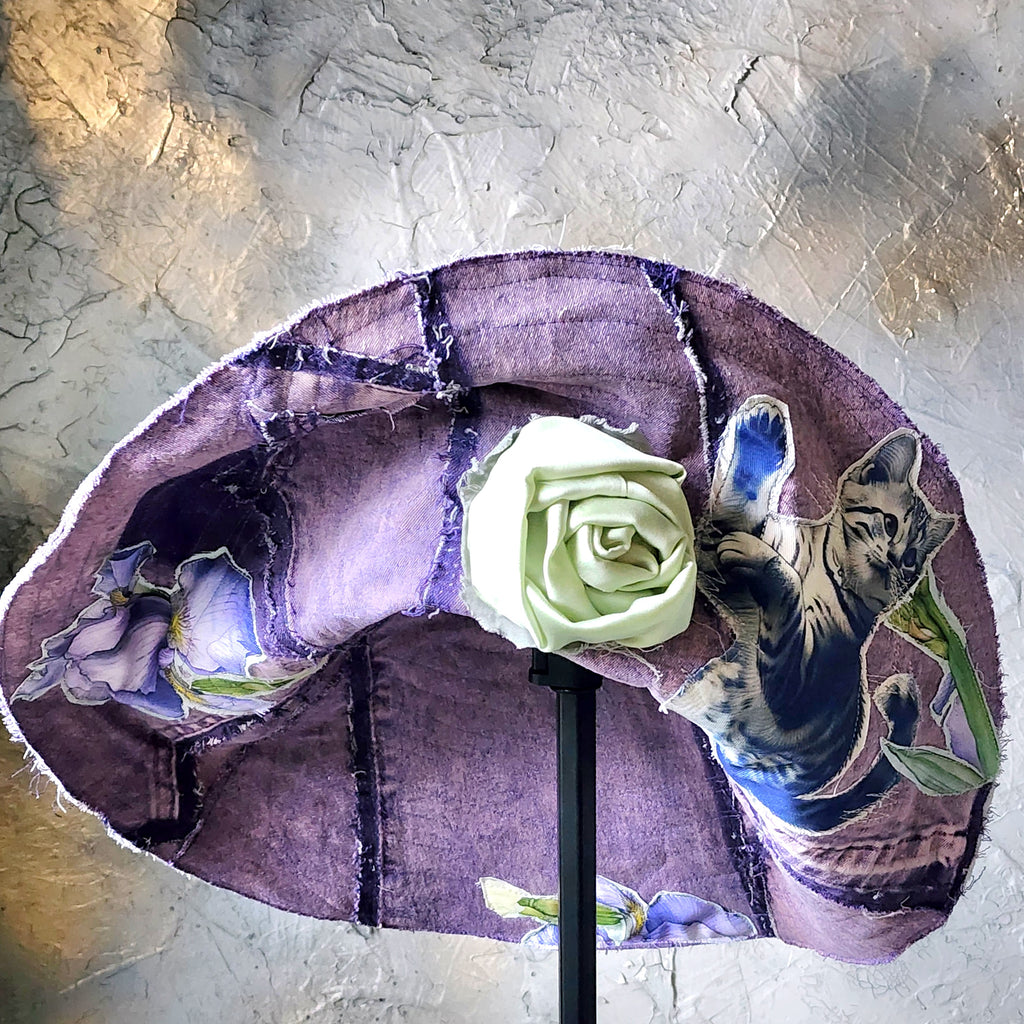 Alpine Blue / Designer Top Hat Shabby Chic Hat Upcycled Distressed Denim Bohemian Sculptural Hat Handstitched Cat Appliqué Patchwork