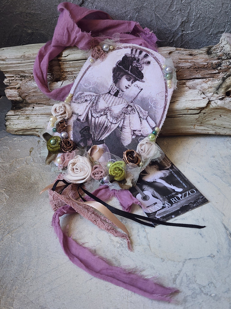 Mademoiselle Camellia/ Patchwork Caller Lady Jabot Bowtie Rose Pearl Medallion BowTie 100% European Cotton Shabby Chic Victorian