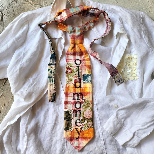 OLD MONEY CRAVAT / Shabby Chic Tie Jabot Bohemian Upcycled Plaid Boho Necklace Upcycled Cottage Patched Artisan Bowtie