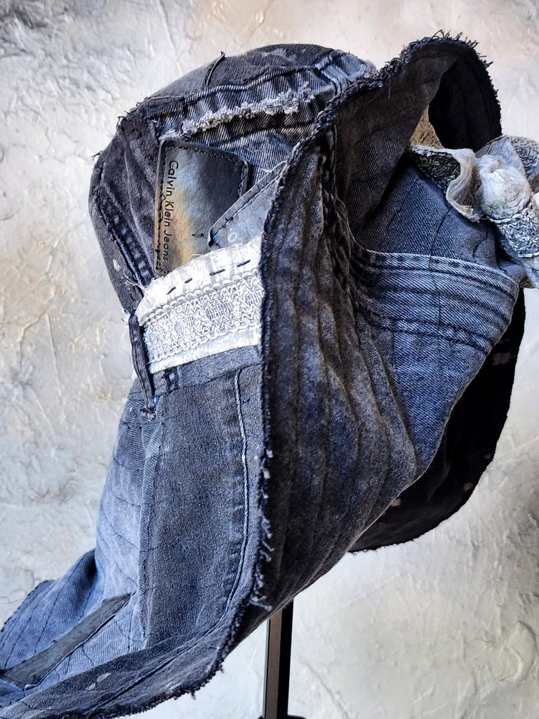 SPIRIT OF VENICE / Designer Top Hat Shabby Chic Hat Upcycled Distressed Denim Bohemian Avant-garde Hat Hand Stitched Top Hat Patchwork