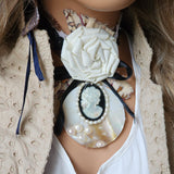 De Piano / Deigner Necklace Shabby Chic Jabot Large Rose Magnolia Black Bow tie Handcrafted Large Cameo Necklace